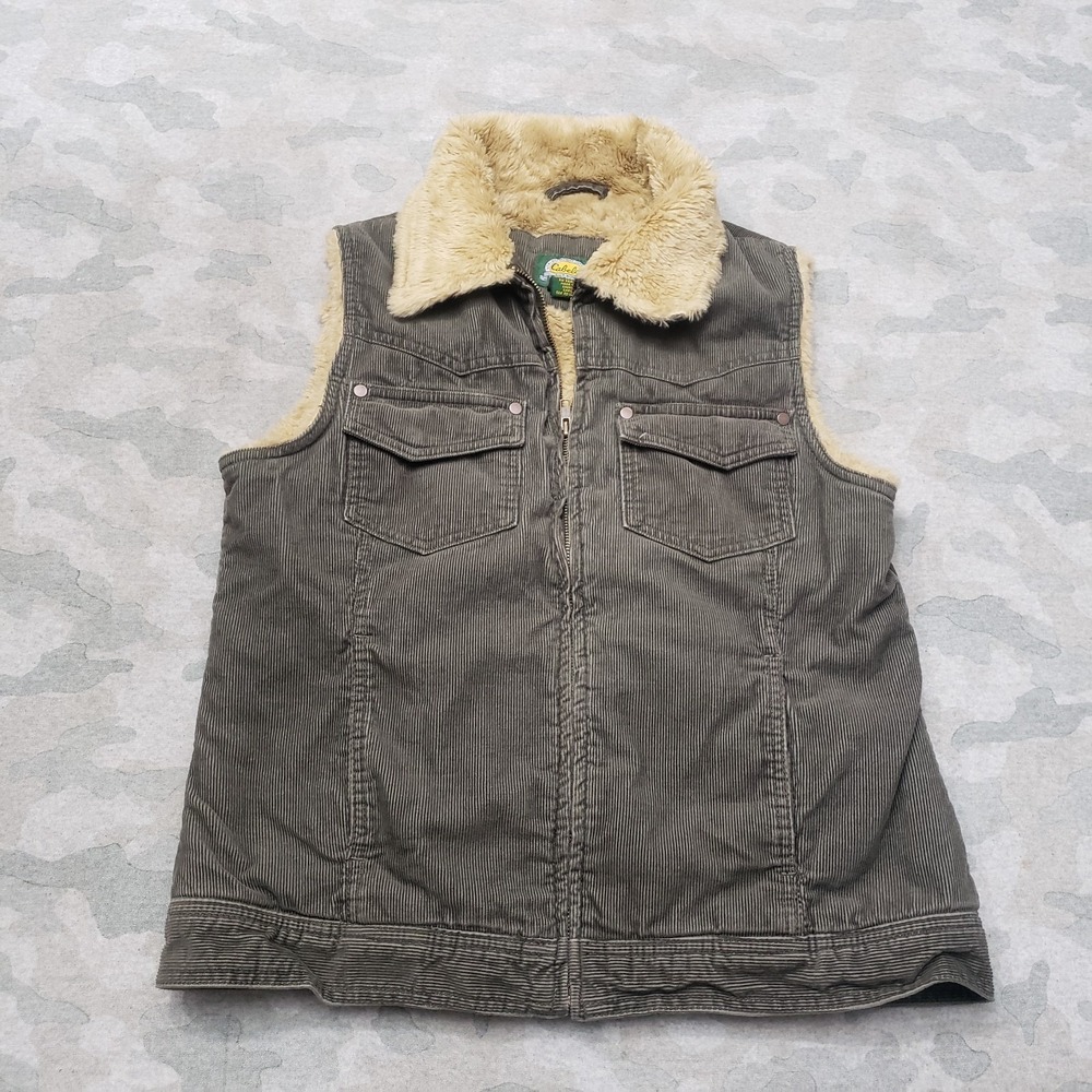 Cabela's Vest Womens Medium Green Full Zip Y2K Corduroy Faux Fur Lined